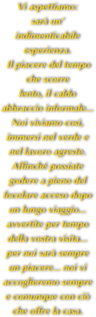 Vi aspettiamo: 
sarà un’ indimenticabile esperienza.
 Il piacere del tempo che scorre
lento, il caldo abbraccio informale... 
Noi viviamo così, immersi nel verde e nel lavoro agreste. Affinché possiate godere a pieno del focolare acceso dopo un lungo viaggio... avvertite per tempo della vostra visita...
per noi sarà sempre un piacere... noi vi accoglieremo sempre e comunque con ciò  
che offre la casa.