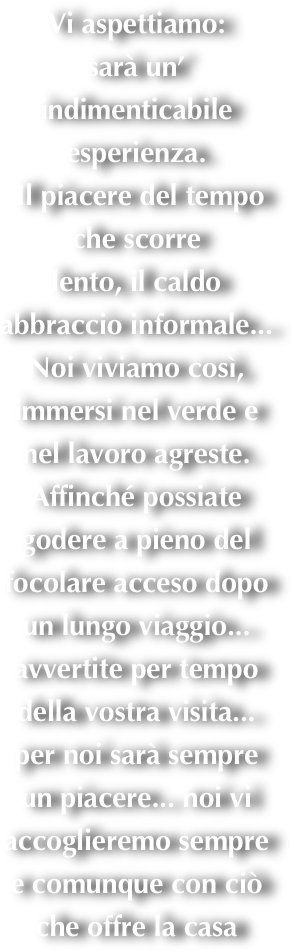 Vi aspettiamo: 
sarà un’ indimenticabile esperienza.
 Il piacere del tempo che scorre
lento, il caldo abbraccio informale... 
Noi viviamo così, immersi nel verde e nel lavoro agreste. Affinché possiate godere a pieno del focolare acceso dopo un lungo viaggio... avvertite per tempo della vostra visita...
per noi sarà sempre un piacere... noi vi accoglieremo sempre e comunque con ciò  
che offre la casa